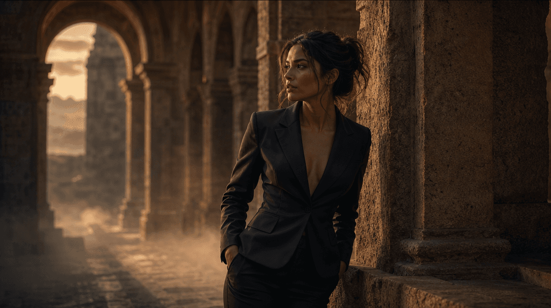 Cinematic wide editorial scene: a model in an elegant fitted blazer seamlessly placed within a moody architectural setti