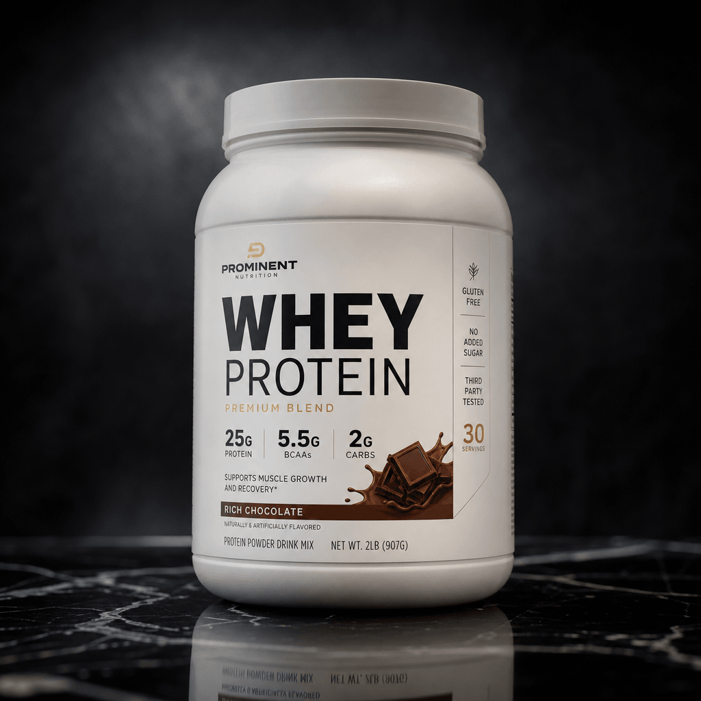 Premium white protein powder tub on a polished obsidian surface, studio three-point lighting, subtle reflections beneath