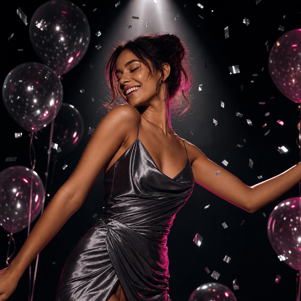 A vibrant birthday fashion portrait under a narrow spotlight, subject surrounded by floating silver confetti and translu