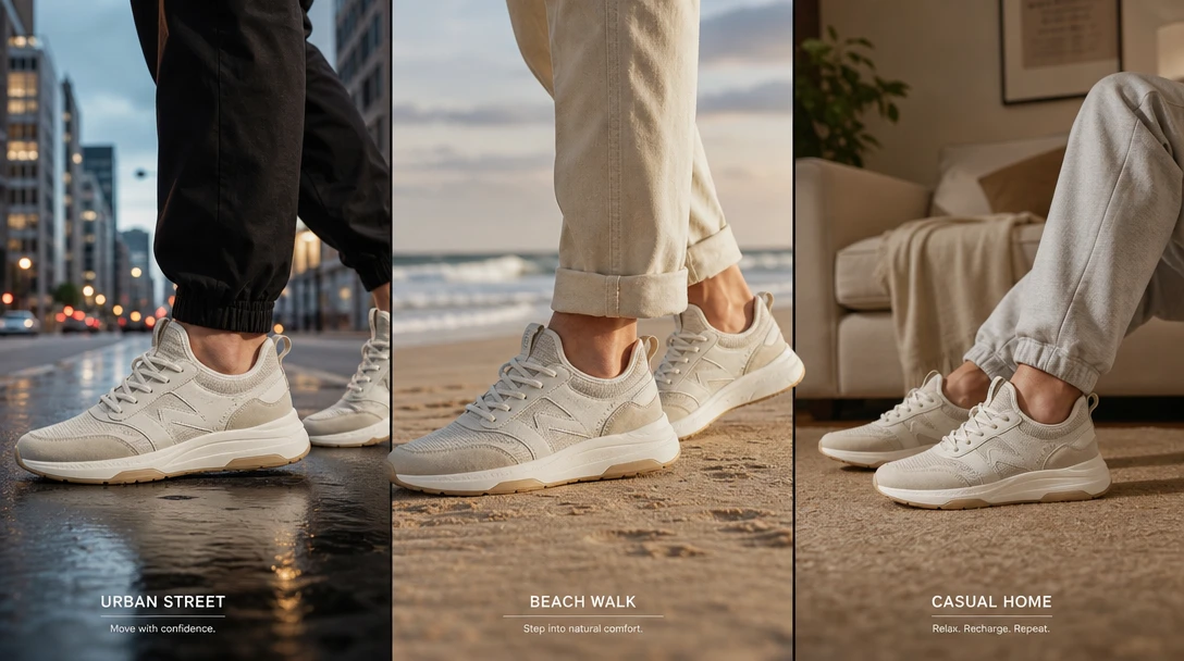Split-screen concept showing same sneaker in three different lifestyle settings: urban street, beach walk, casual home.