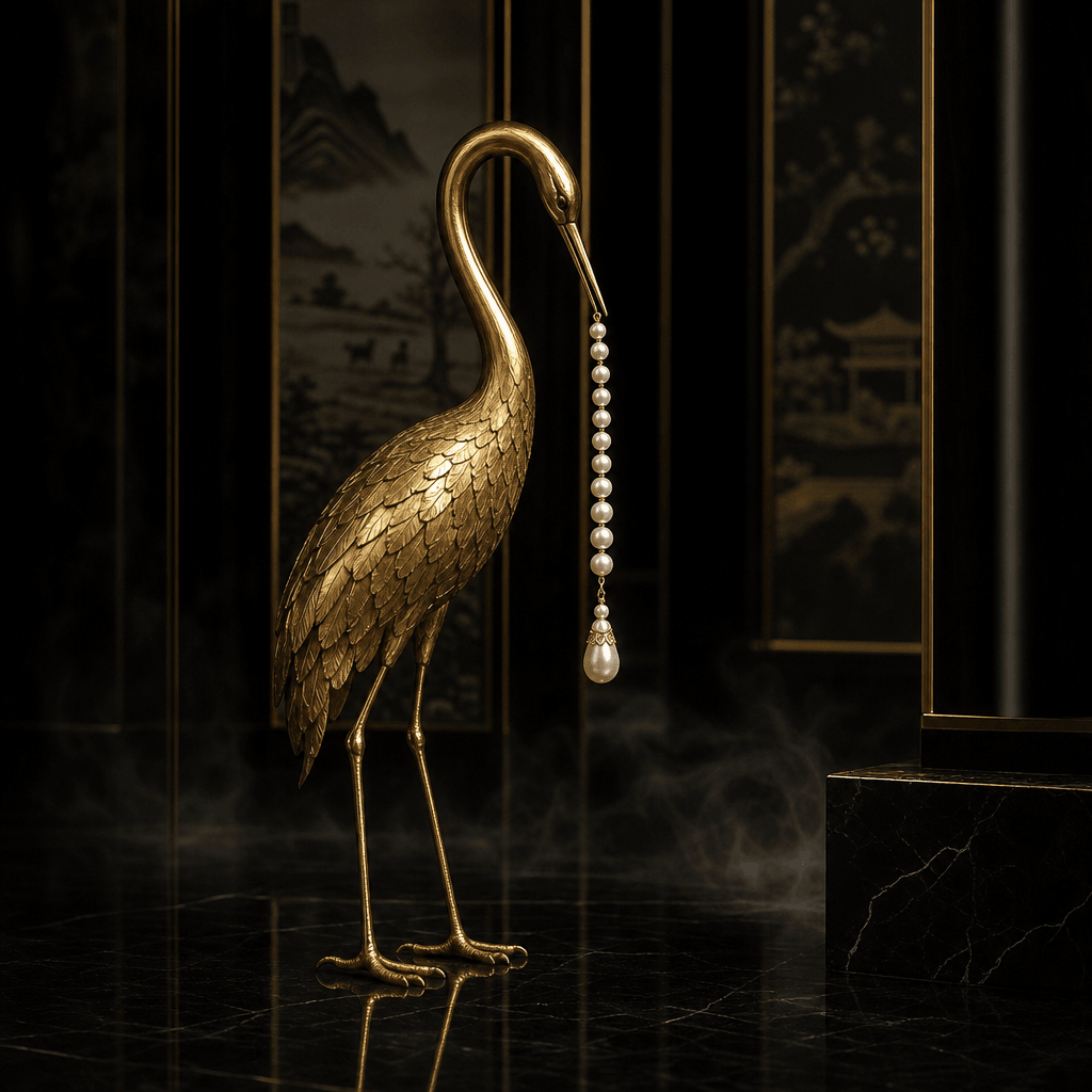 A sculptural golden crane presenting a long pearl earring from its beak inside a shadowy lacquered gallery. Dark editori