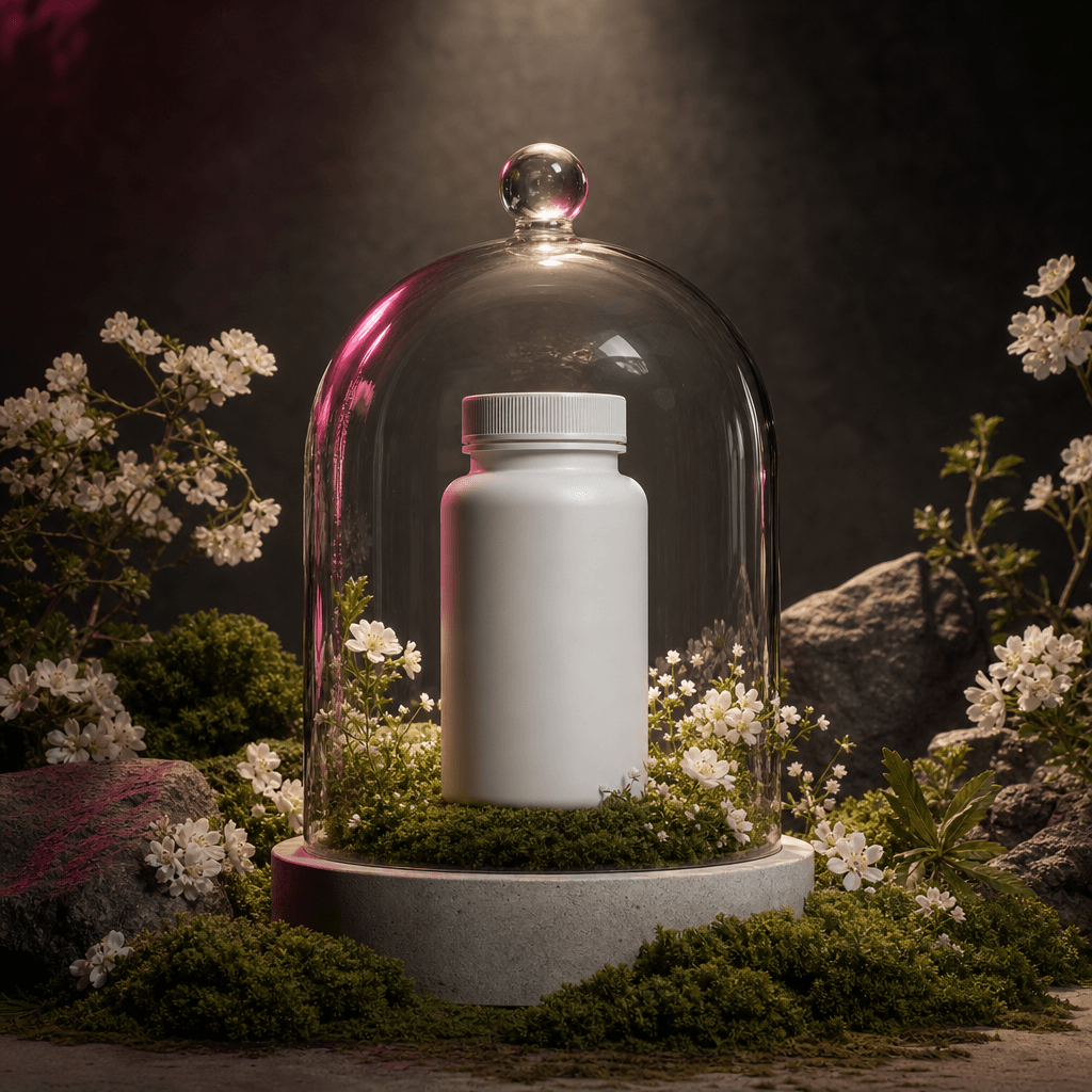 A matte white vitamin jar under a pristine glass dome surrounded by tiny white blossoms and moss, dramatic dark editoria
