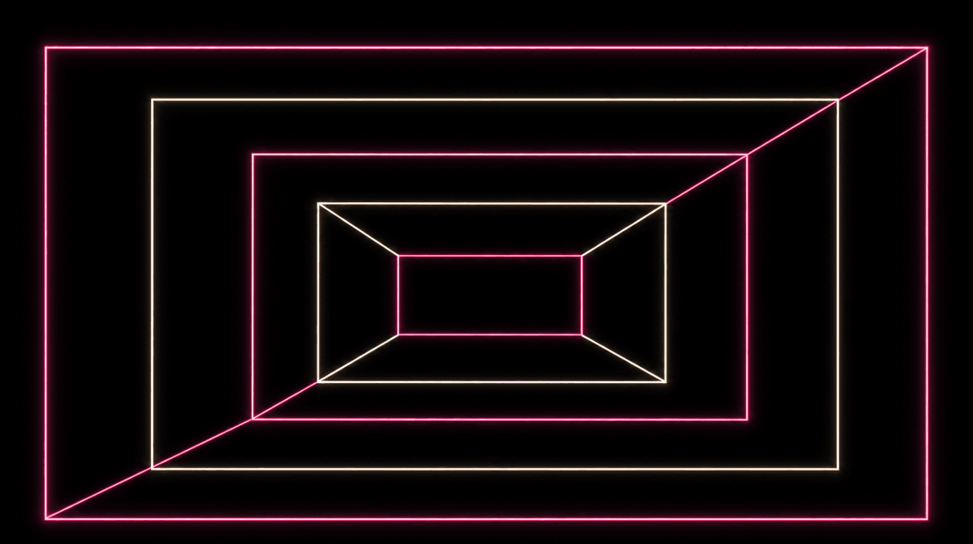Abstract geometric composition: glowing rectangular frames in hot pink and soft off-white arranged at precise angles sug