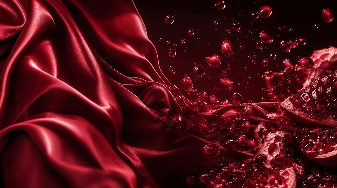 An abstract color-direction study with folded crimson fabric flowing into pomegranate seeds and translucent juice drople