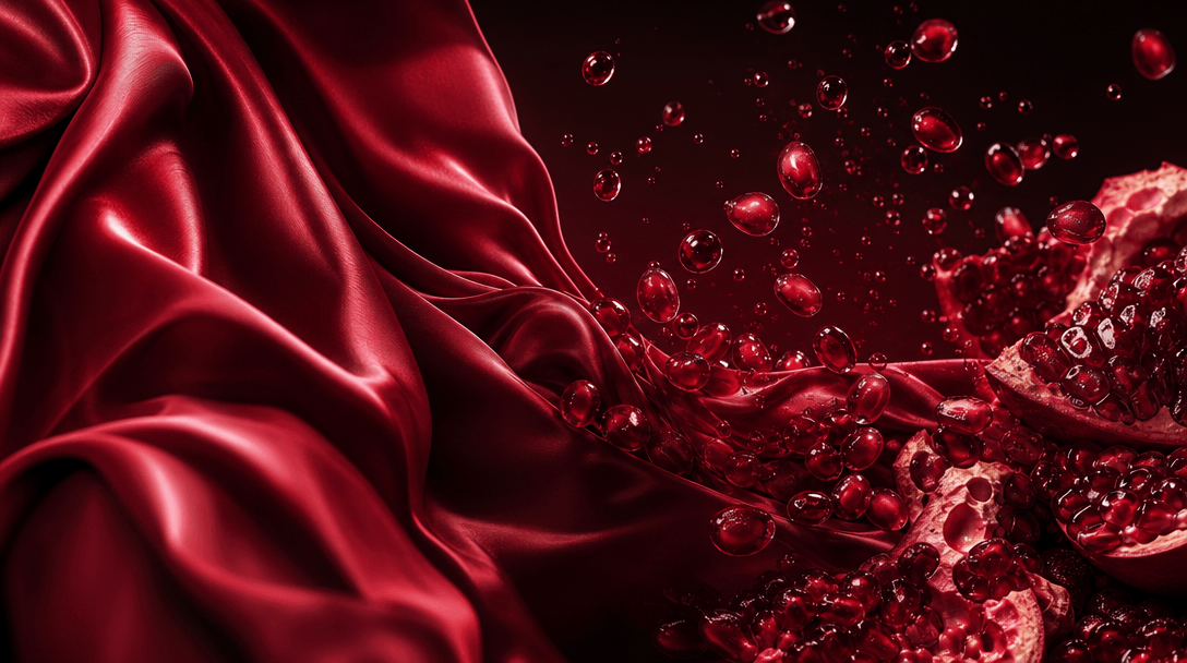An abstract color-direction study with folded crimson fabric flowing into pomegranate seeds and translucent juice drople