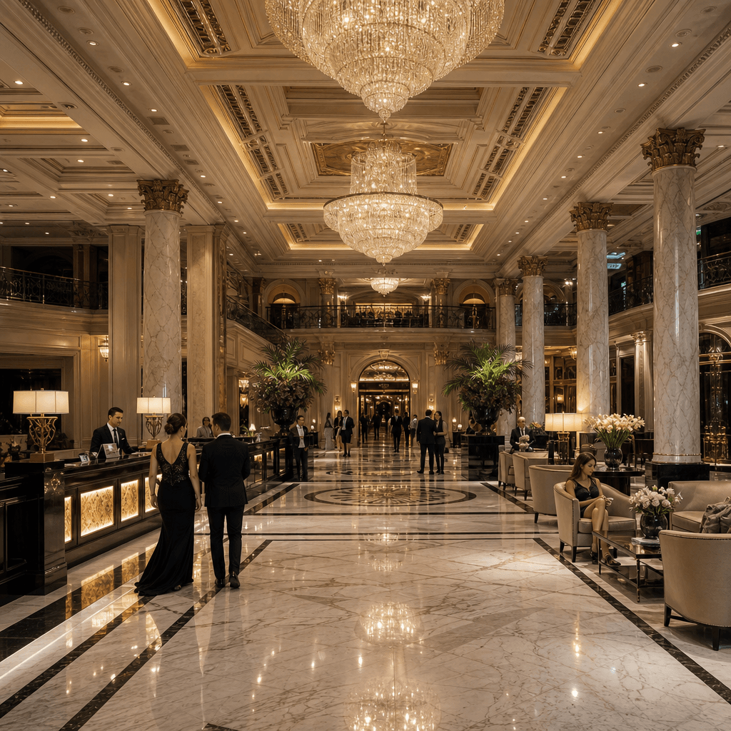 A grand hotel lobby architectural render populated with elegantly dressed guests and staff scattered naturally across a