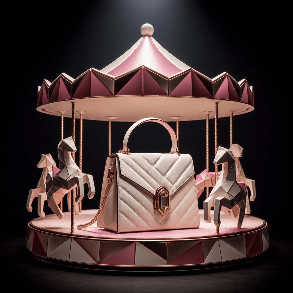 A designer handbag presented on a miniature carousel-inspired platform with elegant geometric horses abstracted into pol