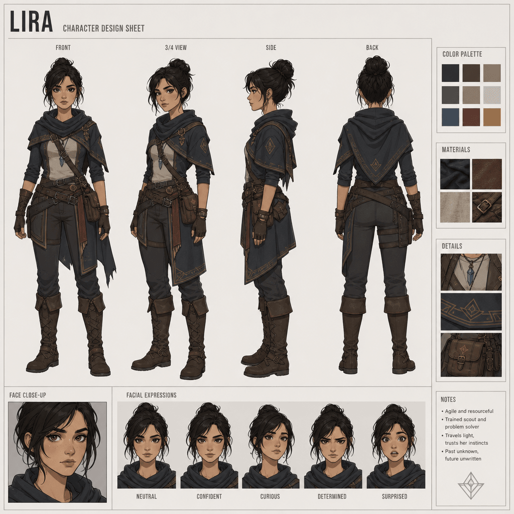 Character design sheet with four distinct angles of same character. Clean professional layout, consistent face and desig