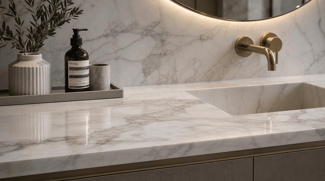 Marble texture bathroom countertop with subtle luxury styling. High-end product surface with soft shadows and reflection