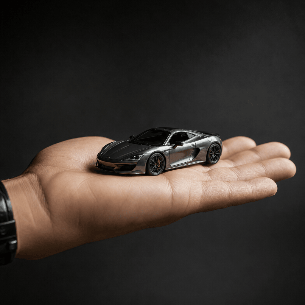 Tiny sports car positioned on human hand showing scale, studio product shot with dramatic side lighting
