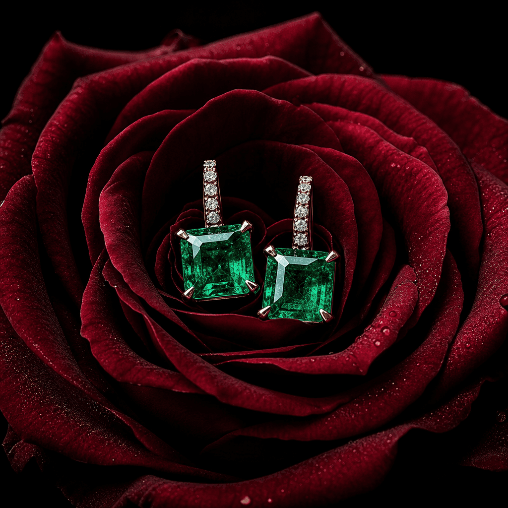 A pair of emerald earrings emerging from the center of a deep burgundy rose, petals curling outward around the gemstones