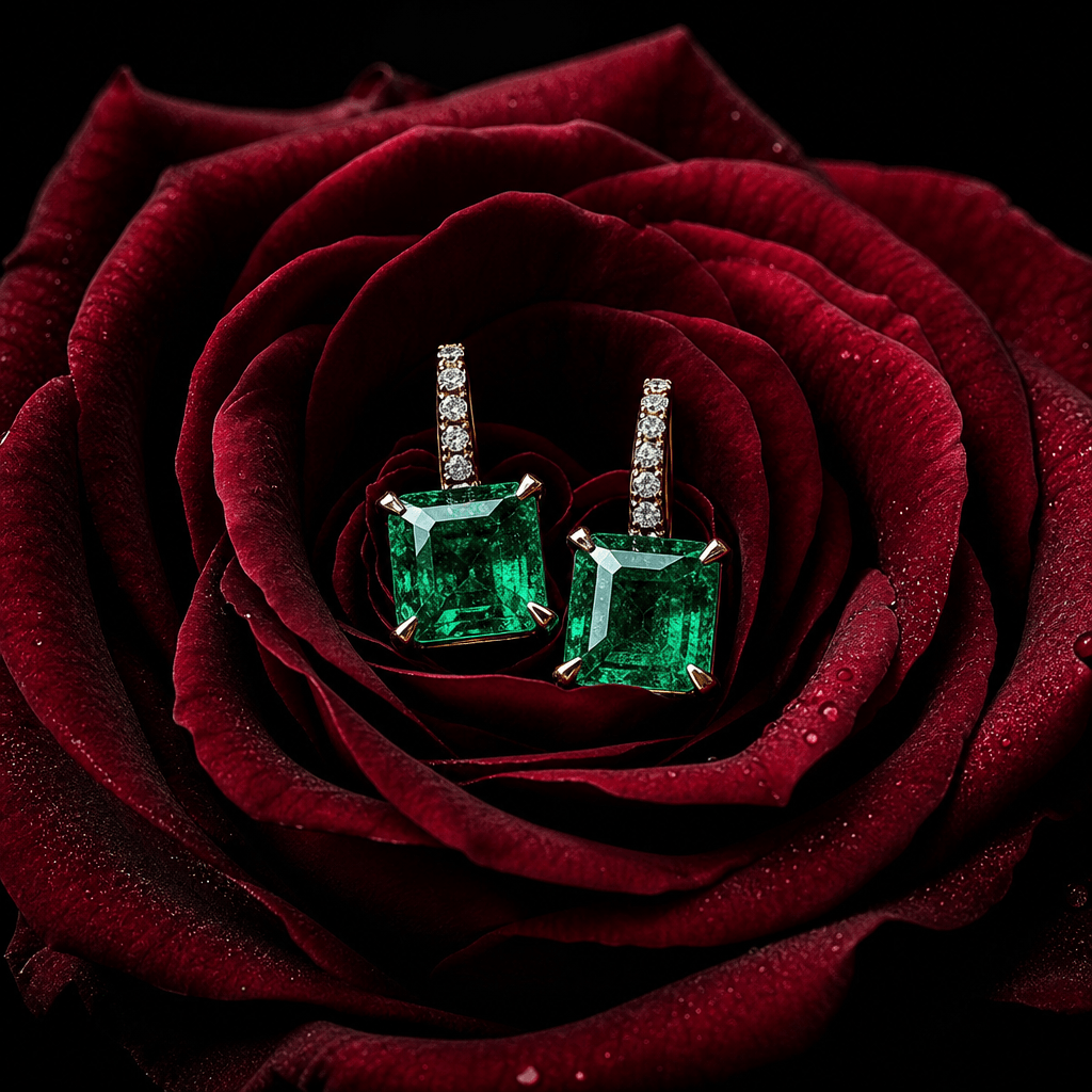 A pair of emerald earrings emerging from the center of a deep burgundy rose, petals curling outward around the gemstones