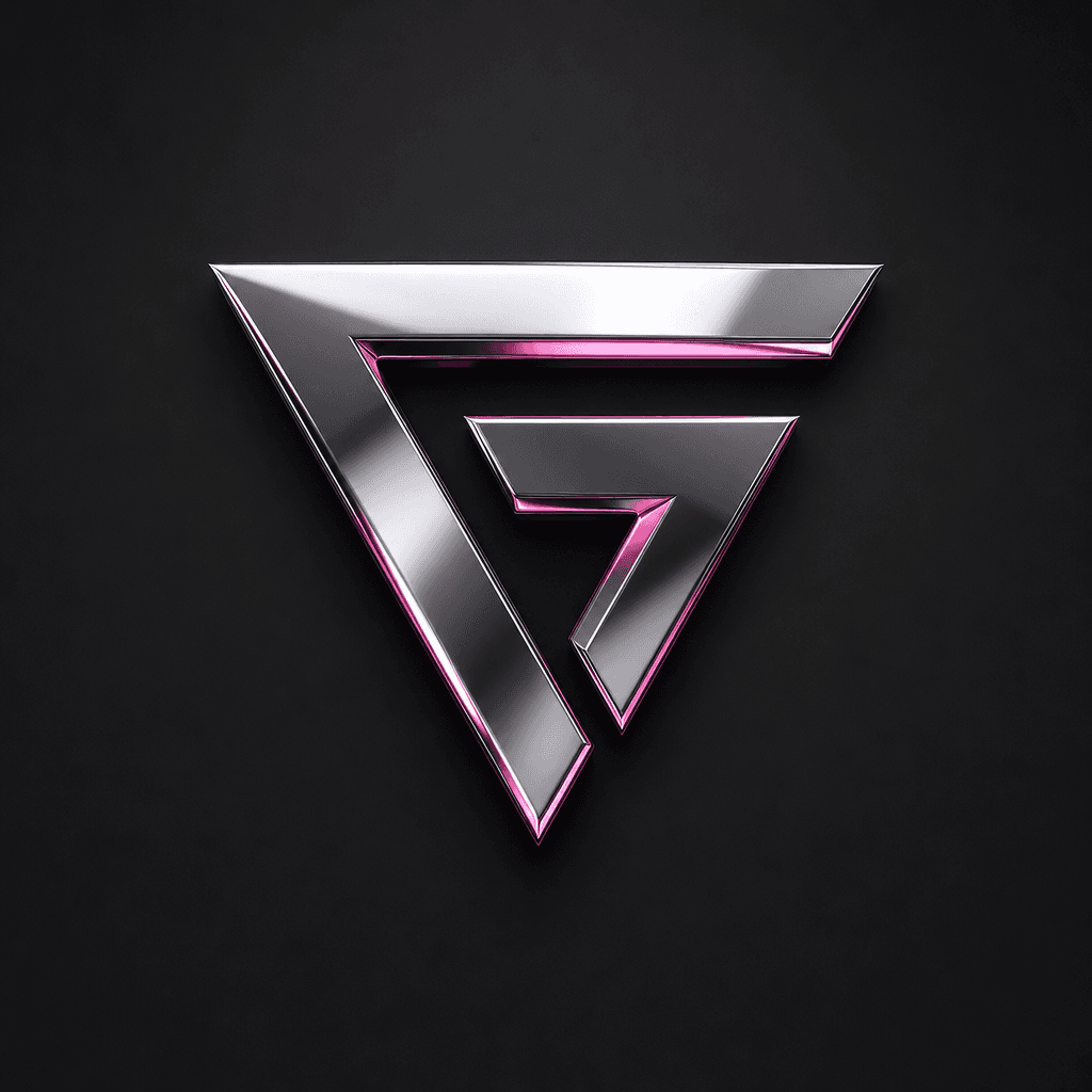 Geometric logo rendered in polished chrome with hot pink accent reflection, metallic shine with clean dark minimalist ba