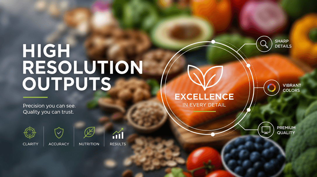 An abstract representation of high-resolution outputs, featuring a blurred background of vibrant healthy foods, conveyin