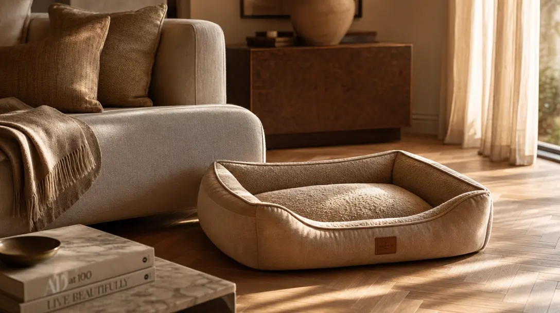 Aspirational lifestyle interior scene at golden hour — a premium plush pet bed placed on herringbone wood flooring besid