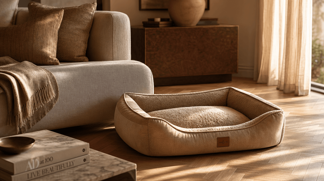 Aspirational lifestyle interior scene at golden hour — a premium plush pet bed placed on herringbone wood flooring besid