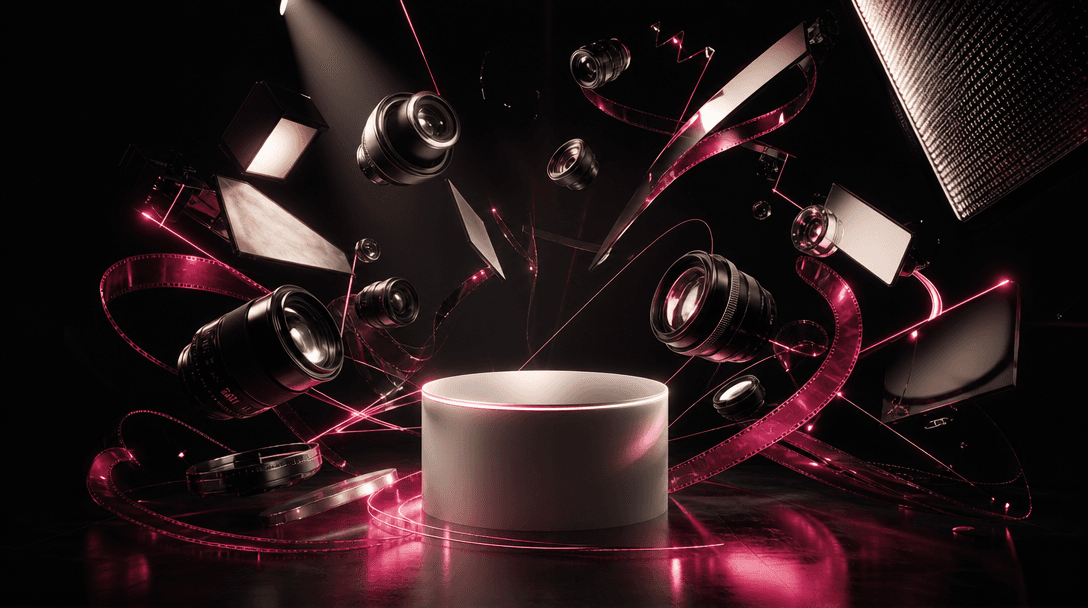 An abstract constellation of cinematic lenses and illuminated film surfaces orbiting a central product pedestal, represe