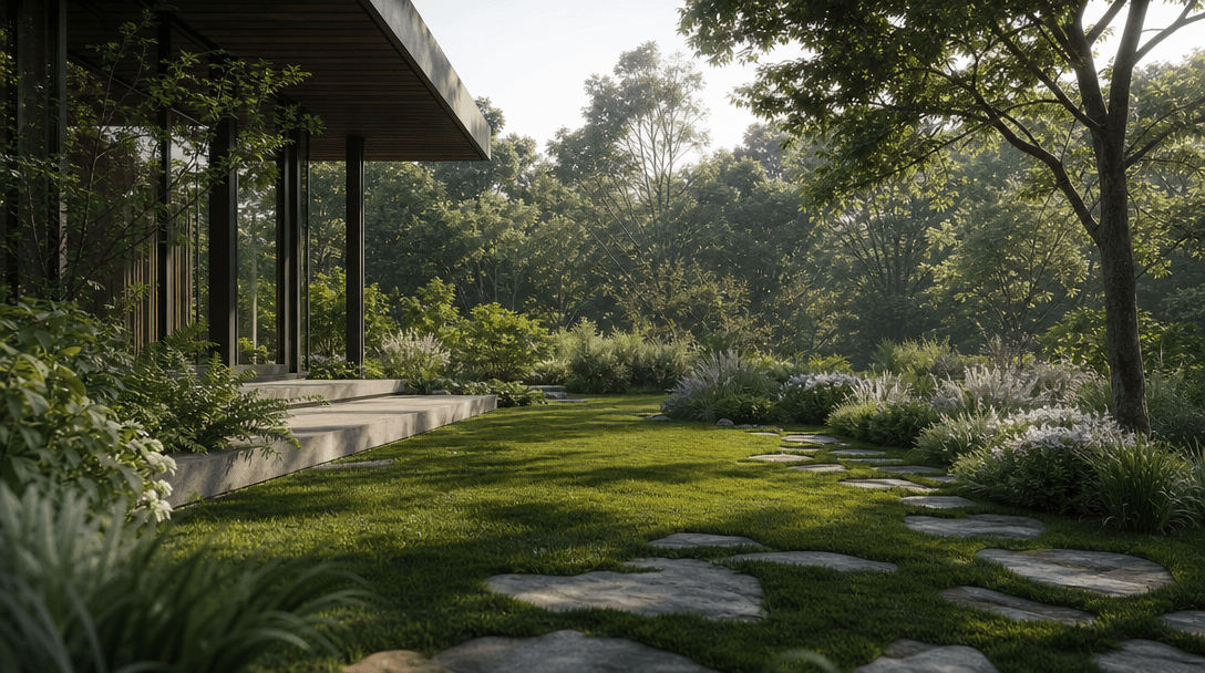 Building edges merging into garden. Architectural foundation blending with landscaping, shadows integrating naturally, p