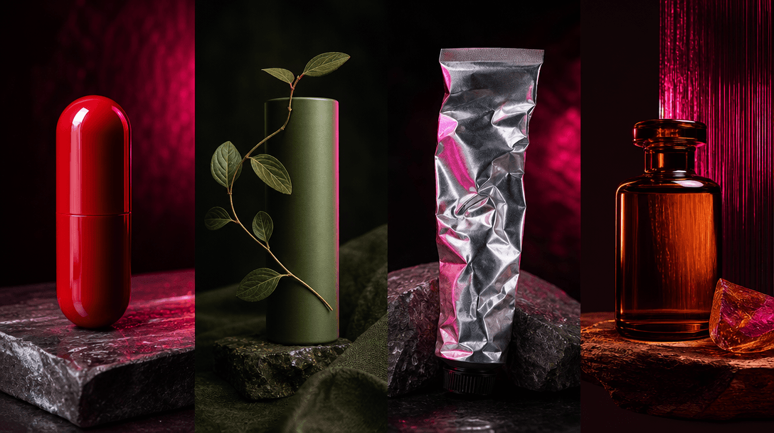 Four distinct product-inspired material studies arranged across a dark editorial studio: glossy capsule red, matte botan
