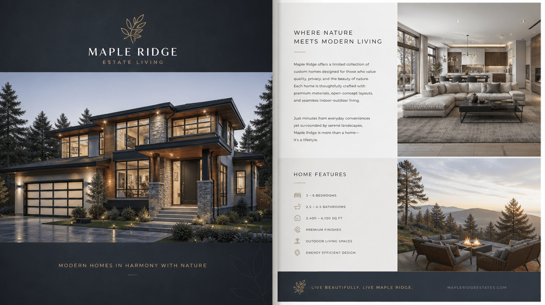 Real estate presentation context. Property visualization displayed on marketing materials, brochure spread implied, digi