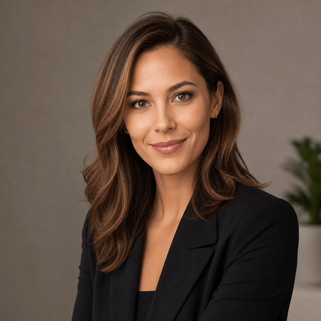Professional female headshot with styled hair, warm studio key light creating dimensional light, modern minimalist backg