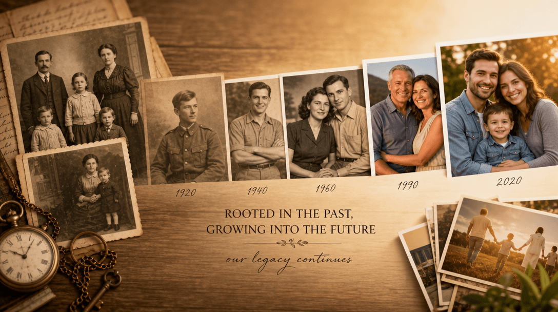Generational heritage concept. Old photographs transitioning to new family images. Sepia tones blending into warm color