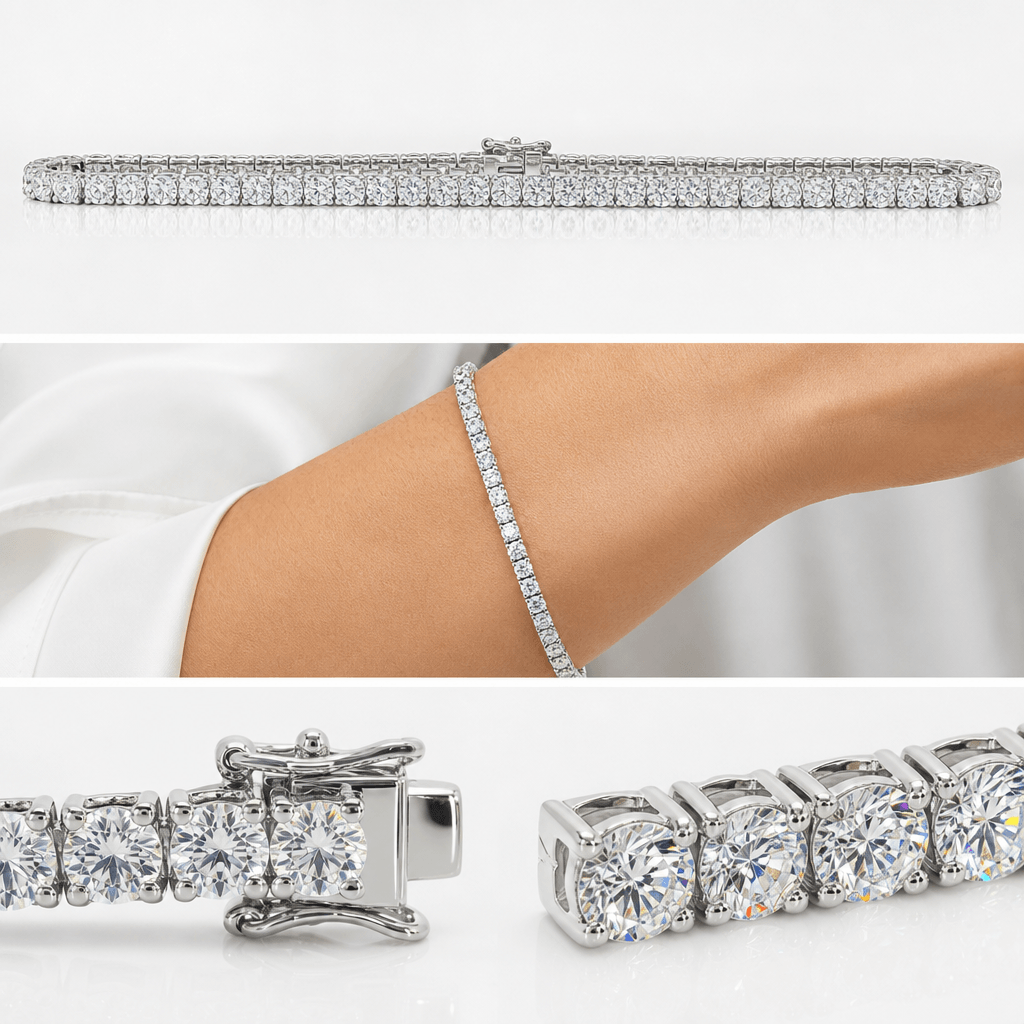 Diamond tennis bracelet triptych: full bracelet laid straight, curved arm position, clasp and stone detail macro, three