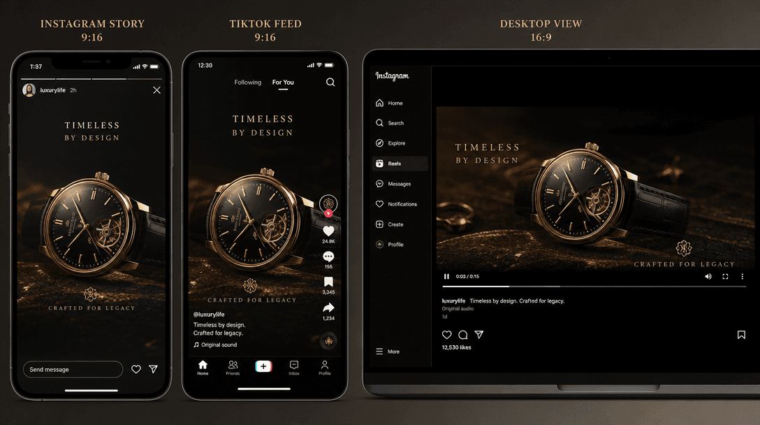 Luxury reel displayed on phone screen, Instagram story format, TikTok feed, desktop view all showing polished final outp