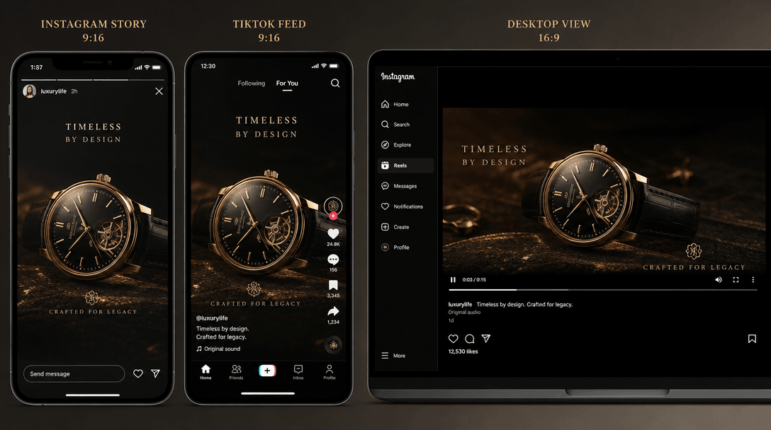 Luxury reel displayed on phone screen, Instagram story format, TikTok feed, desktop view all showing polished final outp
