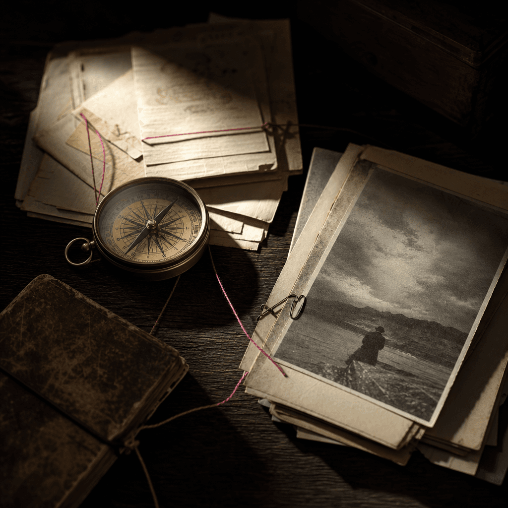 Narrative nonfiction cover concept featuring archival papers, a brass compass, and a weathered monochrome photograph arr