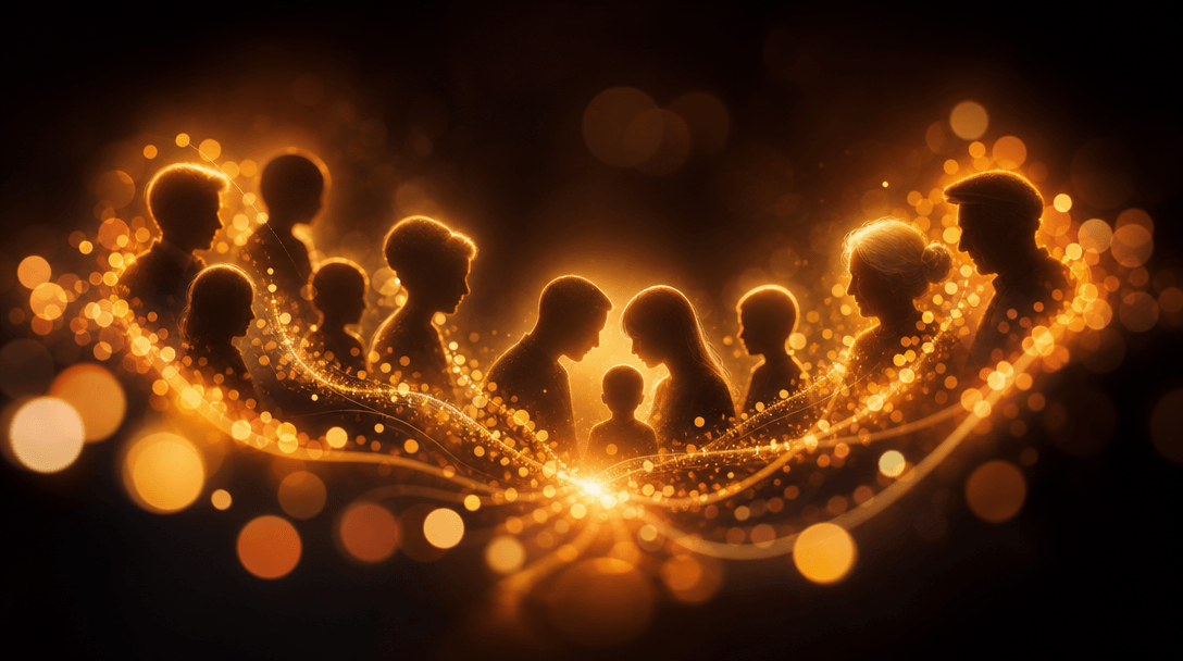 Abstract family growth theme: bokeh lights merging and separating, warm emotional color palette, generational connection