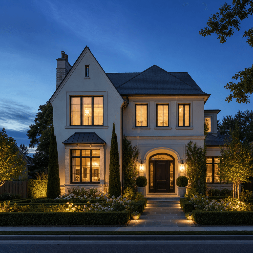 Exterior facade of a family home at dusk, warm interior light glowing through window panes, manicured front garden with