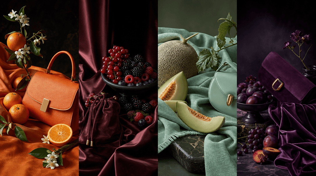 Four coordinated fashion still-life arrangements forming a visual series: citrus with orange leather, berries with burgu