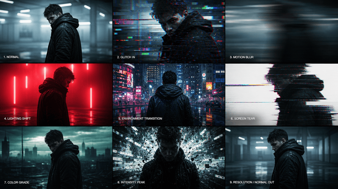 Screen glitch effects, motion blur, lighting changes, and background environment transitions shown in polished sequence
