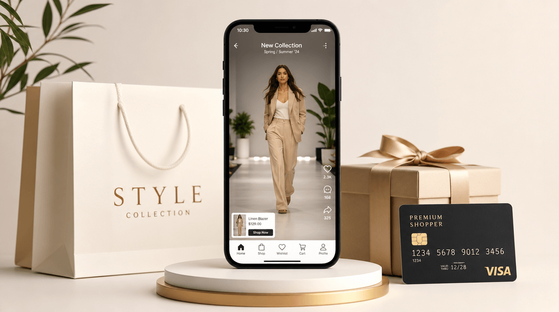 E-commerce shopping scene. Smartphone displaying professional fashion walk video in center. Shopping bag, credit card, g
