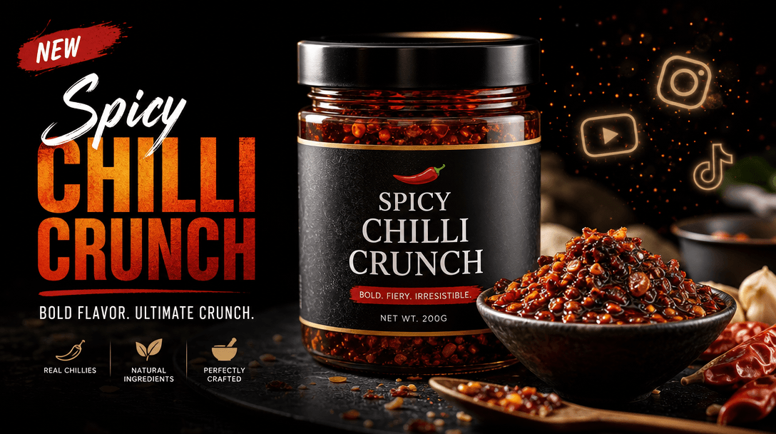 Professional video frame showing a food product video thumbnail with crisp sharp image quality, social media compatible