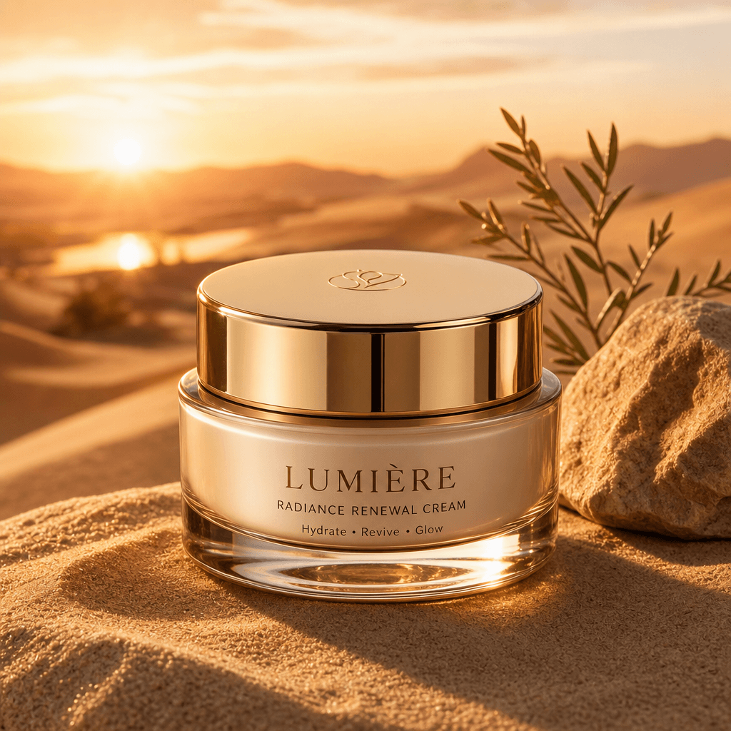 A luxurious beauty cream jar on desert sand, with soft shadows and highlights enhancing the product's features, set agai