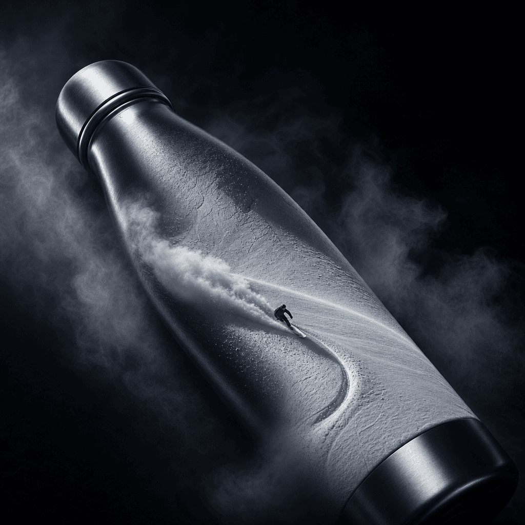 A metallic insulated bottle lying diagonally as its cylindrical surface transforms into a sweeping ski run. A tiny rider