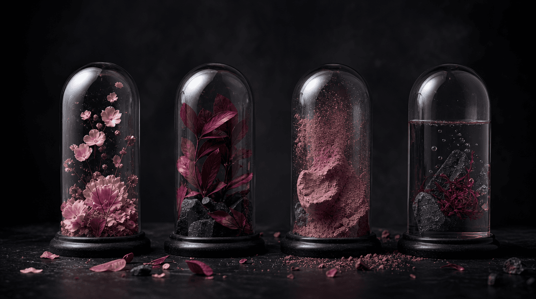 Four elegant glass domes arranged across a dark studio landscape, each containing a distinct botanical material palette