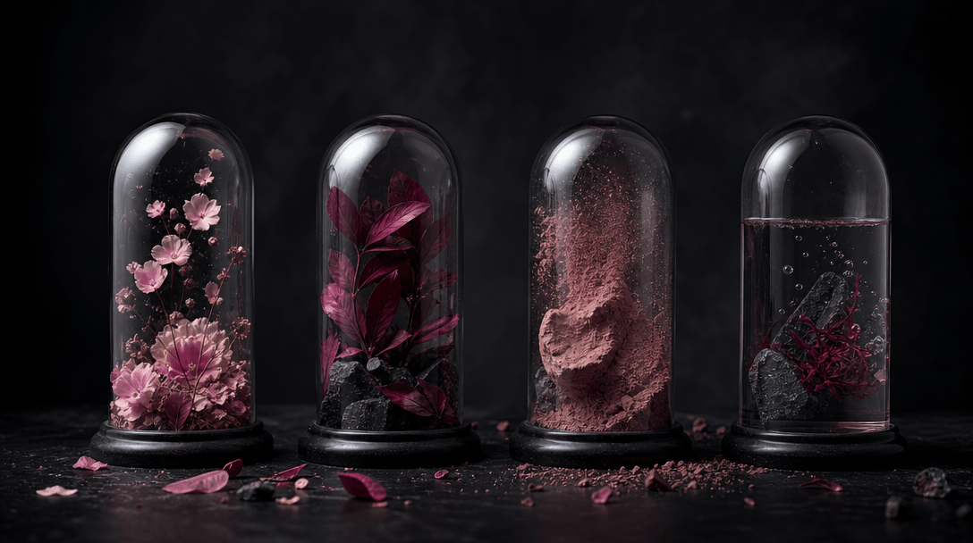 Four elegant glass domes arranged across a dark studio landscape, each containing a distinct botanical material palette