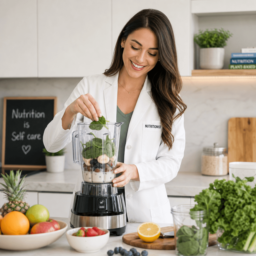 An engaging photo of a nutritionist preparing a healthy smoothie in a modern kitchen, emphasizing fresh ingredients and