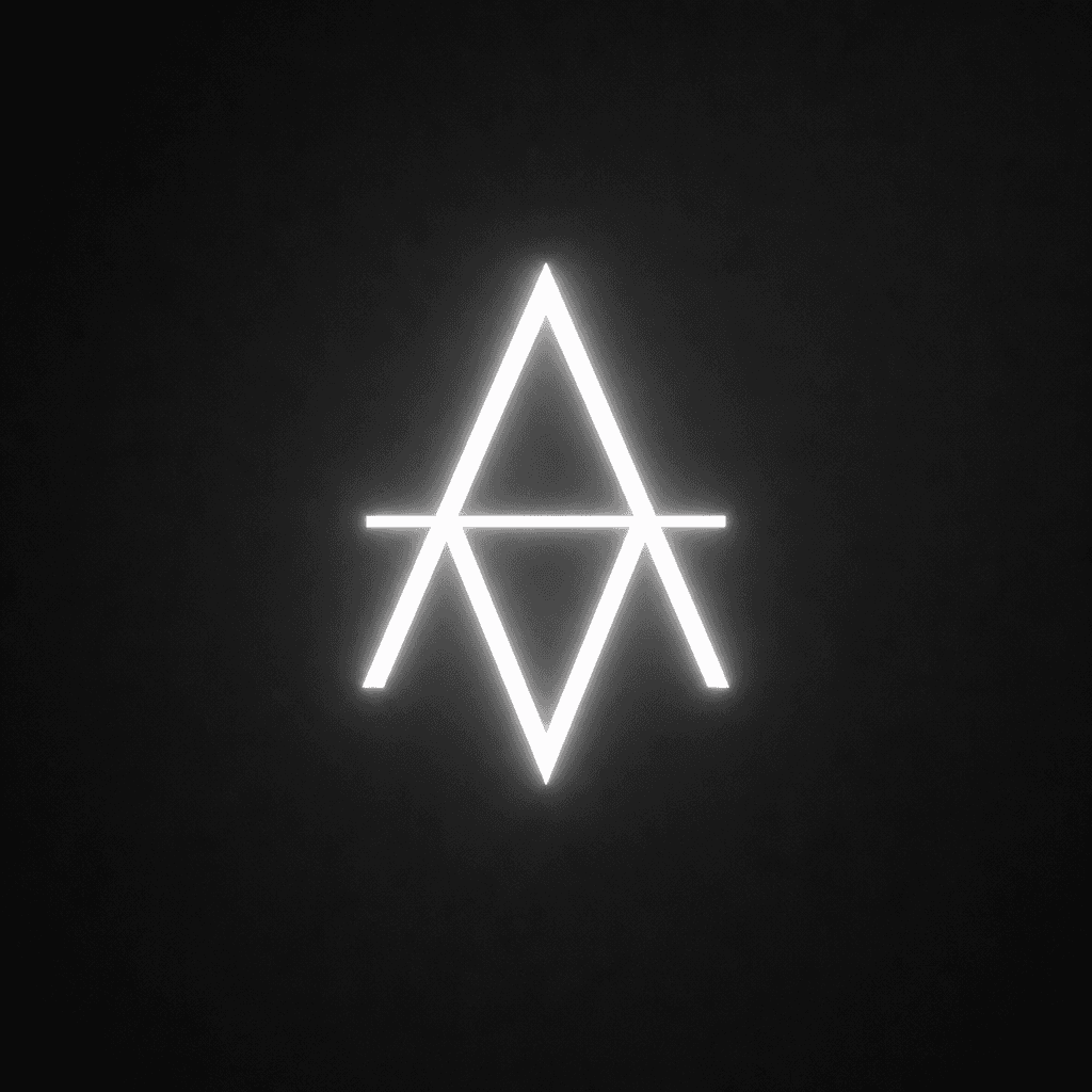 Minimalist geometric neon logo in pure white against charcoal background, clean sharp lines, soft glow halo, modern luxu
