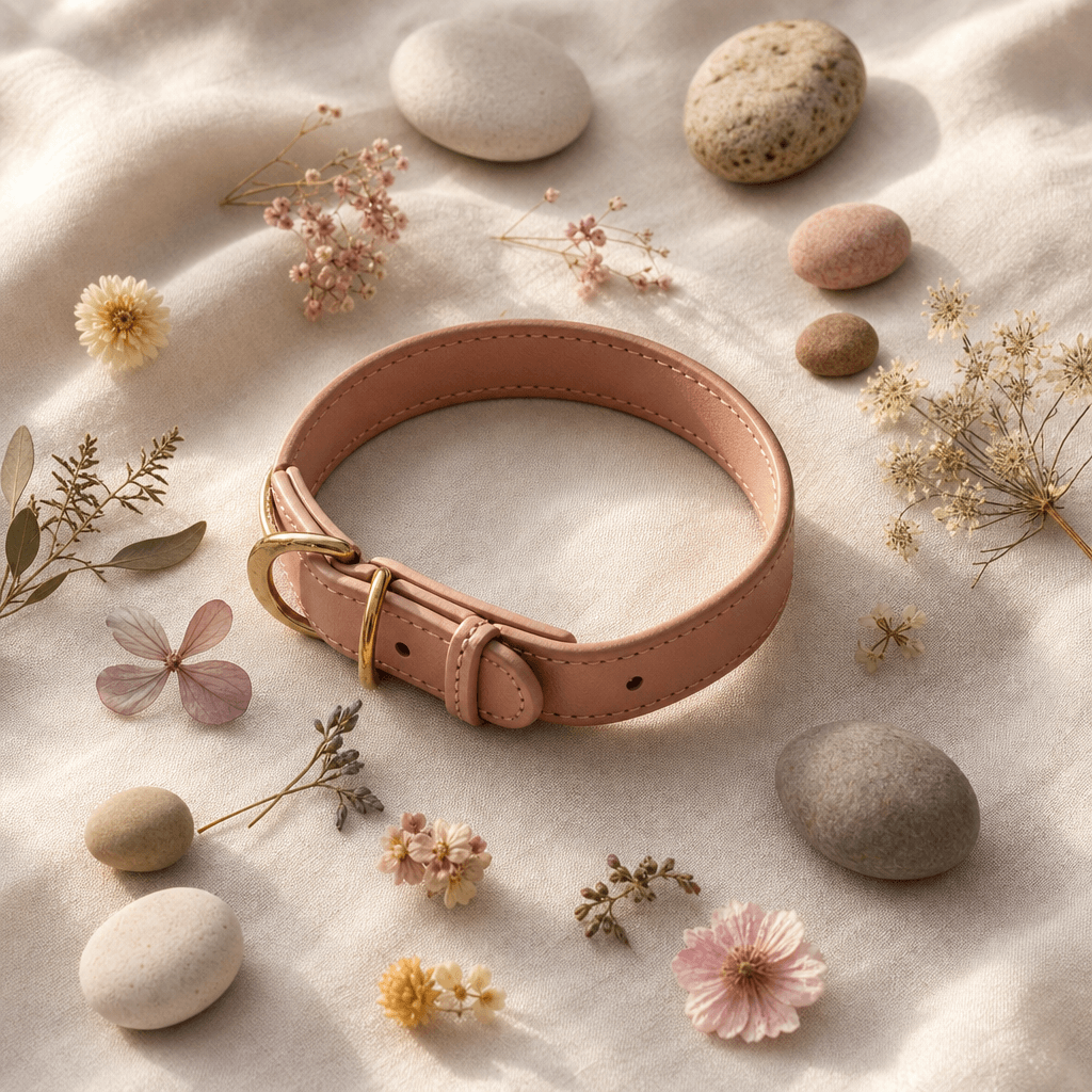 Square flatlay of a premium leather pet collar with small pressed wildflowers and smooth river pebbles arranged on cream