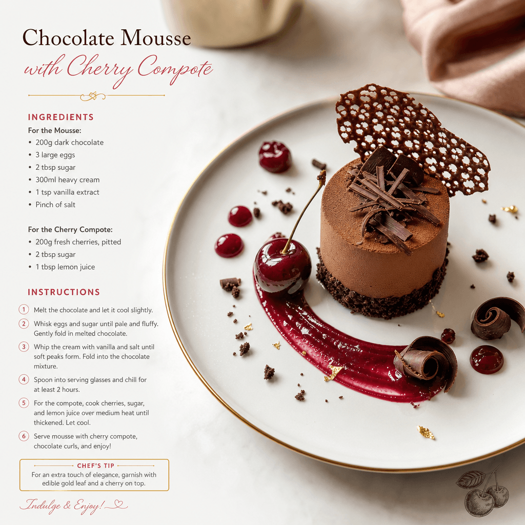 Gourmet dessert plate with elegant garnish, illustrated recipe aesthetic, professional plating, culinary styling, food p