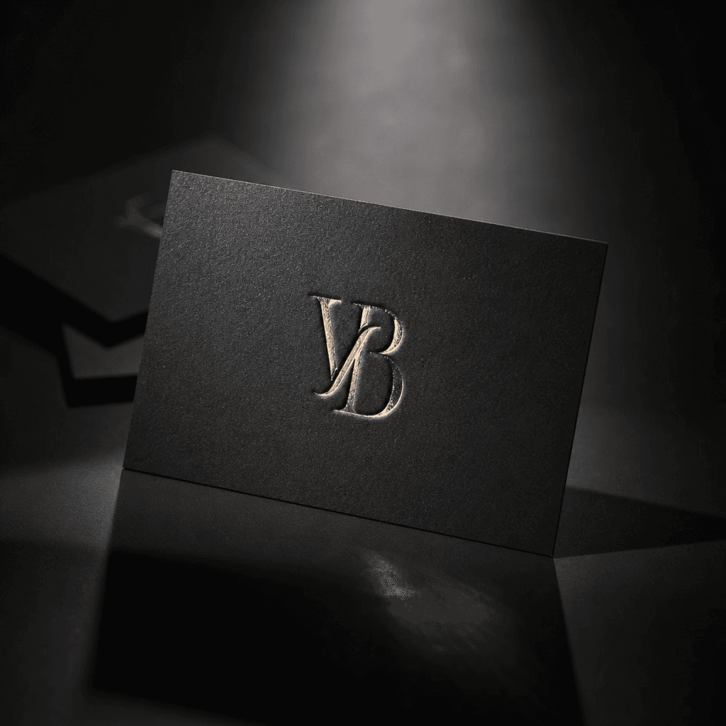 Luxury brand identity: embossed wordmark on matte black card stock lit with a single overhead beam. Crisp hard shadow, g