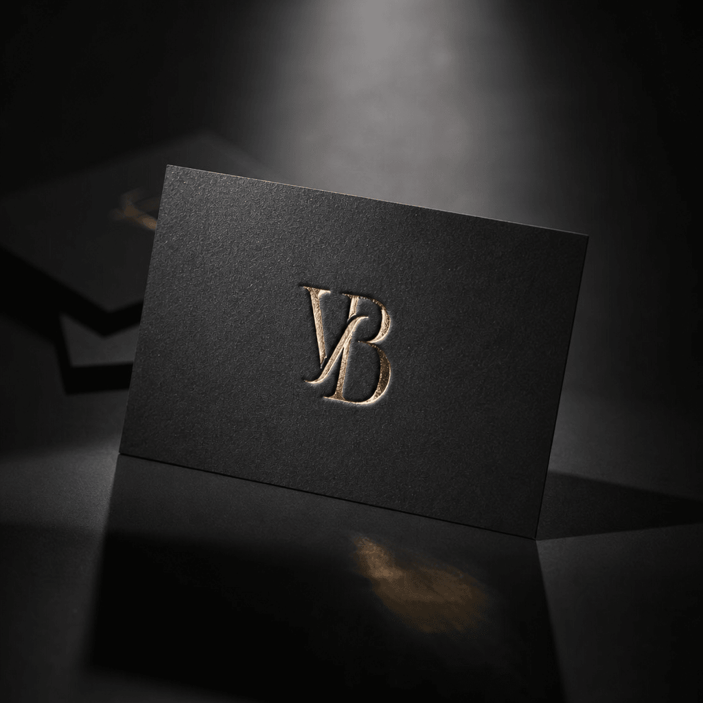 Luxury brand identity: embossed wordmark on matte black card stock lit with a single overhead beam. Crisp hard shadow, g