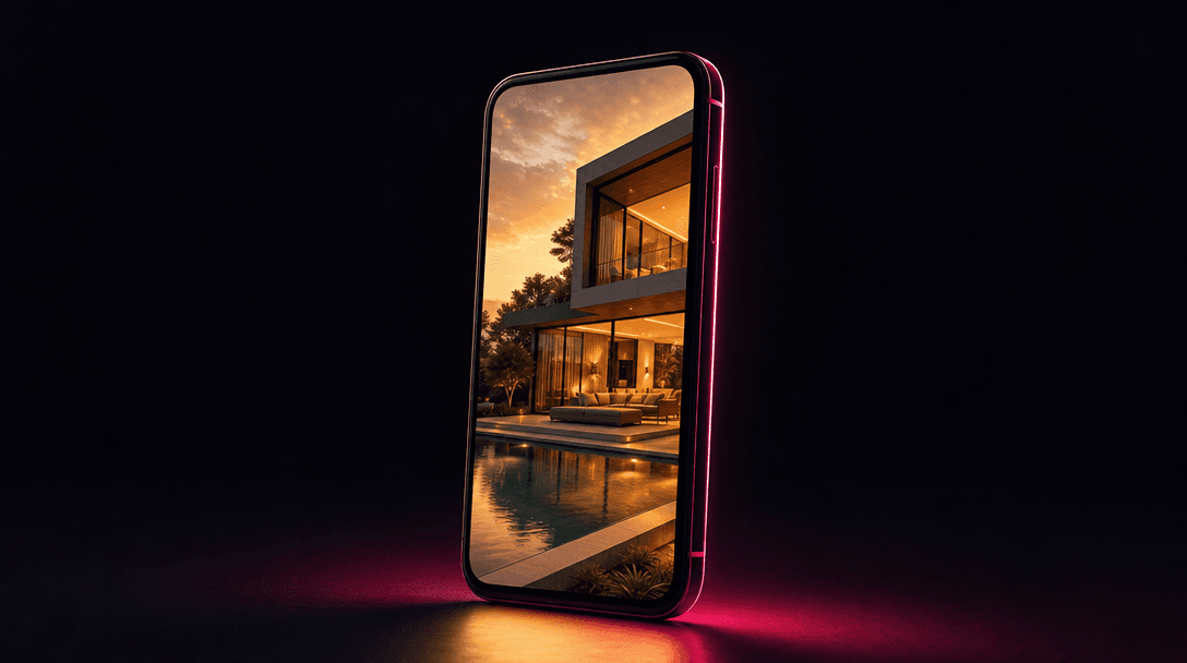 Cinematic product shot of a phone displaying a vertical property video — near-black background around hex #0A0A0F, hot p