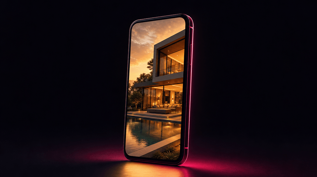 Cinematic product shot of a phone displaying a vertical property video — near-black background around hex #0A0A0F, hot p