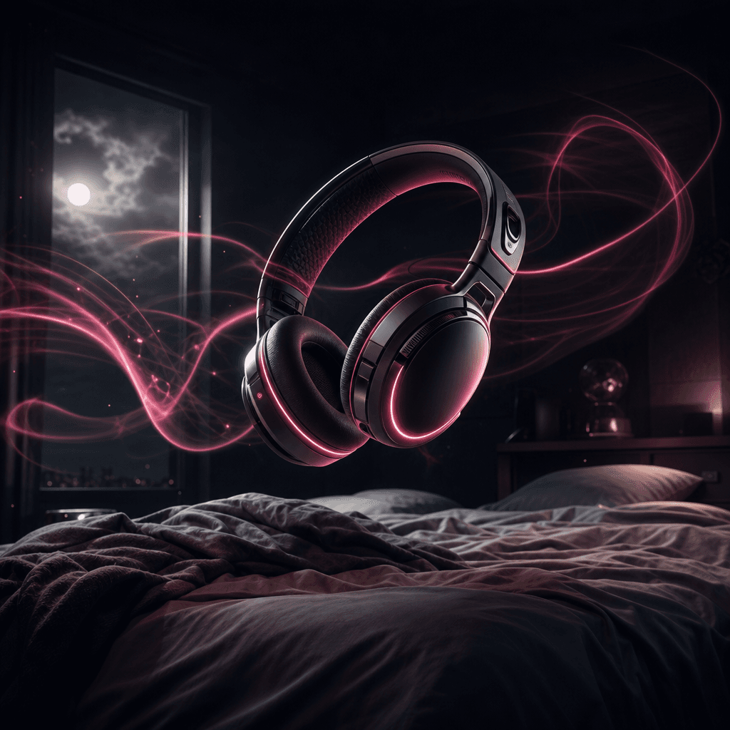 A pair of futuristic headphones floating above an unmade bed as thin ribbons of light curl through the air like visible