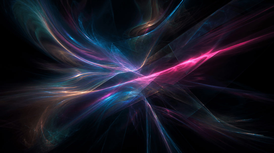 Abstract visual representing multi-model creative power: swirling iridescent light trails dissolving through deep near-b